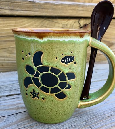 Turtle Mug & Spoon - Green/Brown